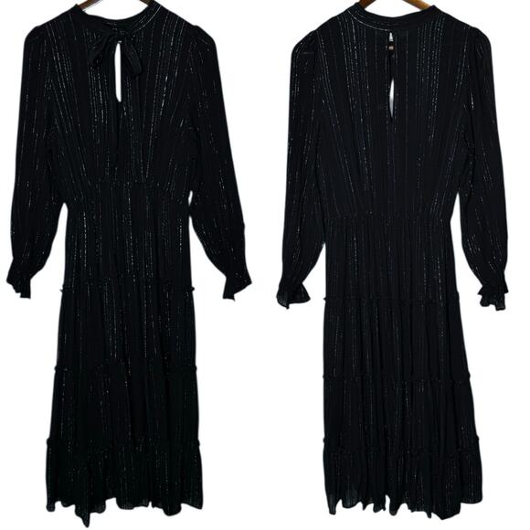 Elan Shimmer Stripe Black Tiered Midi Dress Long Sleeve Tie Neck size Medium - Picture 2 of 8